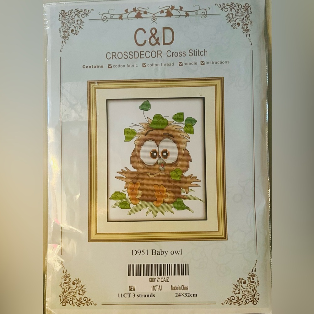 C&D CROSSDECOR Baby Owl Stamped Cross Stitch Kit 11CT 3 Strands D951 24x32cm NEW